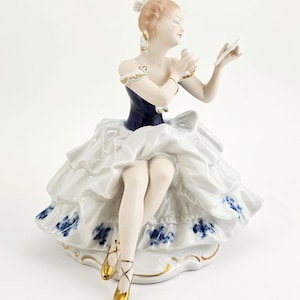 Vintage Wallendorf Cobalt Lady Figurine with Mirror