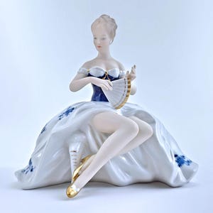 Vintage Wallendorf Cobalt Girl Figurine with Fan
