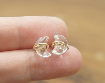 crescent clear crystal healing stone wire wrapped stud earrings, 14K gold filled, simple, minimalist, small gem