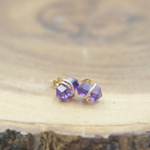 wire wrapped Amethyst healing stone stud earrings, 14K gold filled, double pointed, February birthstone, minimalist, simple trendy