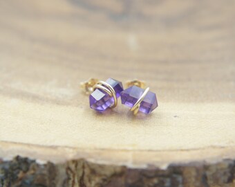 wire wrapped Amethyst healing stone stud earrings, 14K gold filled, double pointed, February birthstone, minimalist, simple trendy