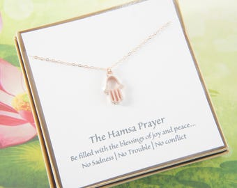 Rose gold Hamsa prayer necklace, simple, minimalist, good luck, love, pendant