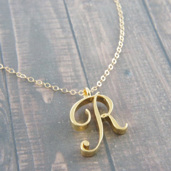 Capital Cursive Gold or Silver Letter, Alphabet, Initial  "R" necklace, birthday gift, lucky charm, layered necklace, trendy, Bridesmaid