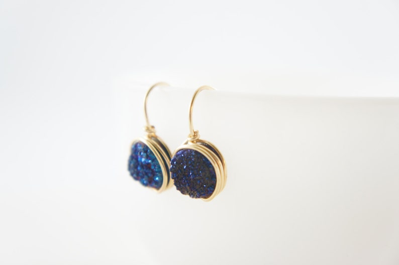 Dark Blue Titanium Druzy Quartz Earrings 14k Gold Fill Wrapped Etsy