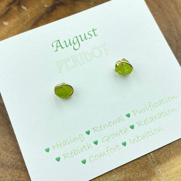 August birthstone Peridot stud wire wrapped earrings, green, birthday gift, trendy, rough nuggets, high quality, raw natural peridot