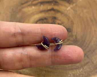 crescent amethyst healing stone wire wrapped stud earrings, 14K gold filled, simple, minimalist, small gem