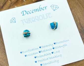 December birthstone Turquoise stud wire wrapped earrings, blue, birthday gift, trendy, rough nuggets, raw natural Turquoise, healing stone