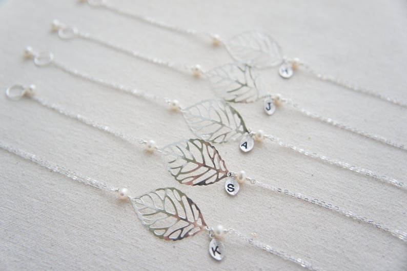 modern everday casual birthday gift wedding Personalized silver leaf bracelet with pearls- bridesmaids gift