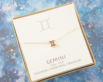 rose gold zodiac Gemini necklace, May, June birthday gift, custom personalized, gift for women girl, minimalist, simple necklace, layered