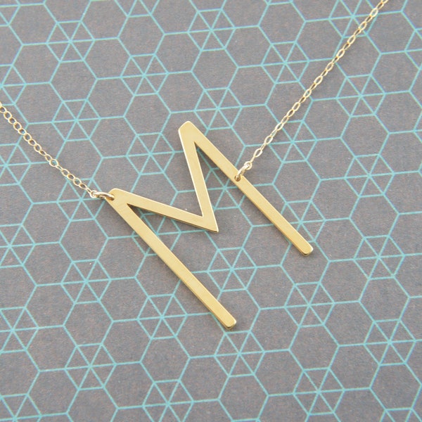 Gold, rose gold, silver big letter initial alphabet "M" necklace, simple, trendy, minimalist, bridesmaid, gift for woman necklace
