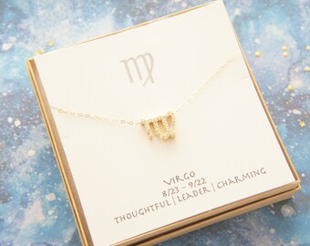 gold zodiac cubic zirconia Virgo necklace, birthday gift, custom personalized, gift for women girl, minimalist, simple necklace, layered