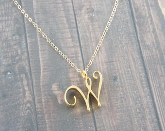 Capital Cursive Gold Letter, Alphabet, Initial  "W" necklace, birthday gift, lucky charm, layered necklace, trendy, Wedding, Bridesmaid