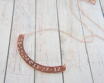 Custom rose gold curved bar Latitude Longitude Coordinate Necklace, custom phrase, own text, own word, high quality, wedding, bridesmaid