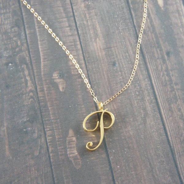 Capital Cursive Gold or Silver Letter, Alphabet, Initial  "P" necklace, birthday gift, lucky charm, layered necklace, trendy,Bridesmaid