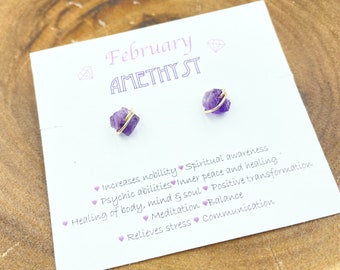 February birthstone Amethyst stud wire wrapped earrings, purple, birthday gift, trendy, rough nuggets, AAA quality, raw natural amethyst