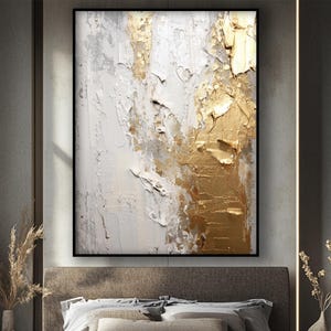Gold Oil Painting, 100% Hand Painted Oil Painting, White, Golden and White, Abstract Canvas Art, Textured Wall Decor for Living Room, Office