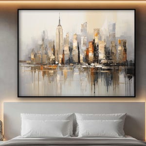 New York City, 100% Hand Painted Oil Painting, Beige Tones, City Landscape, Abstract Canvas Art, Textured Wall Decor for Living Room, Office
