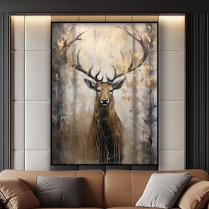 Deer Portrait, 100% Handmade, Trees, Brown Deer, Stag, Forest, Textured Wall Decor for Living Room & Office, Gold Leaf, Animal Portrait