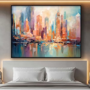 City Landscape, 100% Hand Painted Oil Painting, New York City, Pastel Tones, Abstract Canvas Art, Textured Wall Decor for Living Room