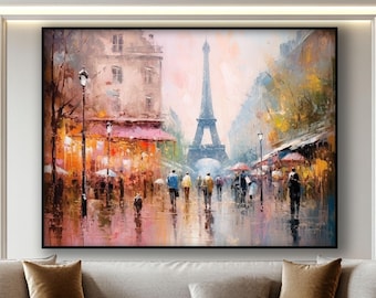 Paris, Eiffel Tower, 100% Hand Painted Oil Painting, Rain, Cityscape, Abstract Canvas Art, Textured Wall Decor for Living Room & Office