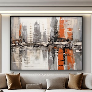 Abstract City, 100% Hand Painted Oil Painting, Gray Tones, Orange, City, Abstract Canvas Art, Textured Wall Decor for Living Room & Office