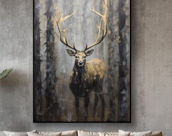 キャンバスに描かれた手作りの鹿の油絵：神秘的な森の壁アート - Etsy 日本
