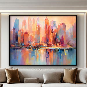 New York City, 100% Hand Painted Oil Painting, City Landscape, Sunset, Abstract Canvas Art, Textured Wall Decor for Living Room & Office