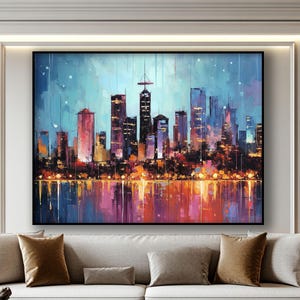 Hand-Painted New York City Oil Painting: Abstract Night Landscape Canvas Art