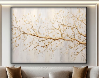Golden Tree Branch, 100% Hand Painted, Textured Painting, Abstract Oil Painting, Acrylic Painting, Wall Decor Living Room, Office Wall Art
