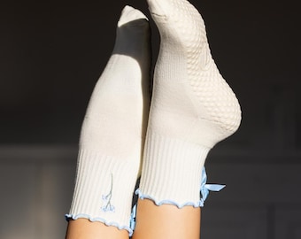 Blue & Cream "Forget Me Not" Pilates, Yoga, and Grip Sock