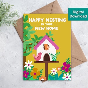 Printable New Home Greeting Card with Adorable Birds Nesting Among the Flowers - Instant Download - Congrats on Your New Home