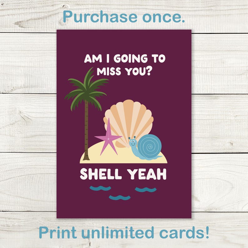 Bye Shell Cute Printable Miss You Card - Instant Download - Bon Voyage, Goodbye ...