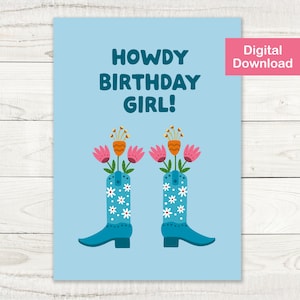 Cute Cowgirl Birthday Card - Instant Digital Download - Fun Greeting Card to Say Howdy and Happy Birthday