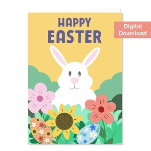 Printable Easter Card - Digital Download - Cute Easter Bunny Card, Happy Easter Greeting Card, Folds to 5"x7"