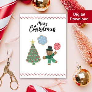 Printable Christmas Card - Digital Download - Cute Christmas Card, Gingerbread Cookies & Christmas Tree, Merry Christmas Card