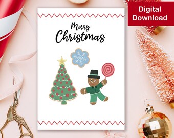May include: A printable Christmas card with a gingerbread man holding a lollipop, a Christmas tree, and a snowflake. The card says "Merry Christmas" in a red and white font.