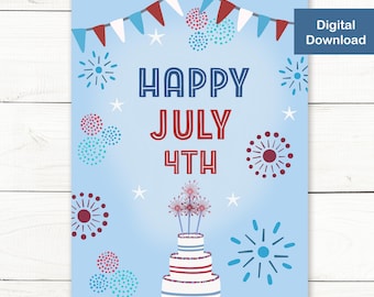 Festive July 4th Greeting Card – Fireworks & Cake (Digital Download)