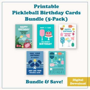 Printable Pickleball Birthday Cards Bundle (5-Pack) - Digital Download - Happy Birthday, Pickleball Cards