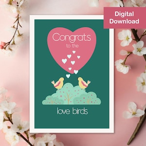 Printable Cute Love Birds Card - Instant Download - Wedding Card, Engagement Card, Congrats, Greeting Card