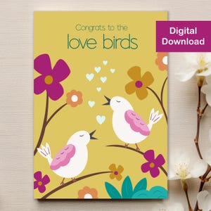 Cute Printable Love Birds Card - Digital Download - Wedding Card, Marriage Card, Engagement Card, Congratulations, Greeting Card