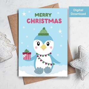 Printable Christmas Card - Digital Download - Cute Little Penguin with Present & Lights, Merry Christmas