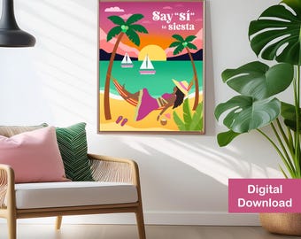 Tropical Siesta Beach Print, Hammock Art (Digital Download)