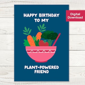 Printable Birthday Card for Vegan or Vegetarian - Digital Download - Cute Plant-Powered Vegetable Theme, Happy Birthday Greeting Card