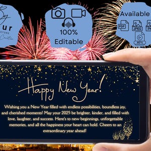 Cartão Elegante de Feliz Ano Novo | Dourado, Azul-marinho Digital para impressão | Desejos de Ano Novo personalizáveis para 2025 | Perfeito para amigos e familiares