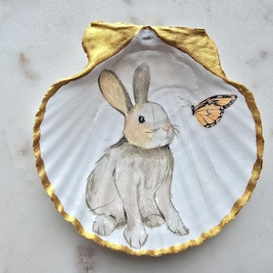 Handmade Decoupage Scallop Shell Ring Dish Spring Easter Bunny, Wedding Gift, Jewelry Tray, Bridal Shower Favor, Ring Dish, Trinket Dish