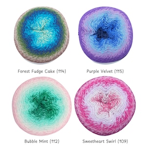 May include: Four colorful yarn cakes are displayed, each with a unique color gradient. The names of the yarn cakes are: Forest Fudge Cake (114), Purple Velvet (115), Bubble Mint (112), and Sweetheart Swirl (109). The yarn is arranged on a white background.