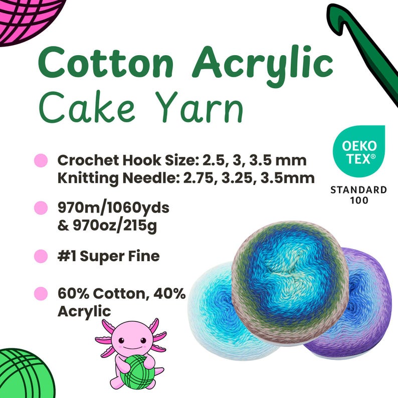May include: Cotton acrylic cake yarn in shades of blue, green, and purple. The image includes text indicating crochet hook and knitting needle sizes, yarn weight, and fiber content. The yarn is labeled as #1 Super Fine and is 60% cotton and 40% acrylic.