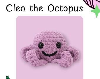 May include: A crochet pattern document titled Okey Dokeys Designs by Okey Dokeys Cleo the Octopus. The page features a light purple, plush, handmade octopus toy with black safety eyes and a stitched black mouth on a light purple background.