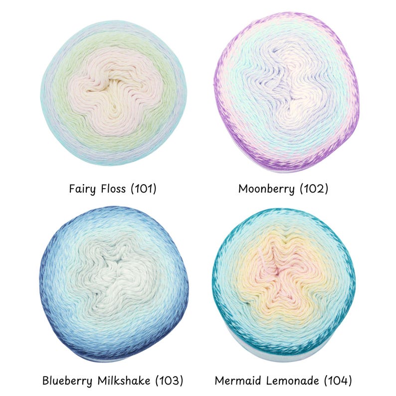 May include: Four skeins of colorful yarn are displayed, each with a unique gradient. The colors include pastels like blue, green, and pink, with names like "Fairy Floss" and "Mermaid Lemonade" printed below each skein.