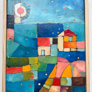 Abstract oil painting 6.5”x8.5” (16x21cm) “my little town” colorful geometric abstract artwork on wood board framed ready to hang